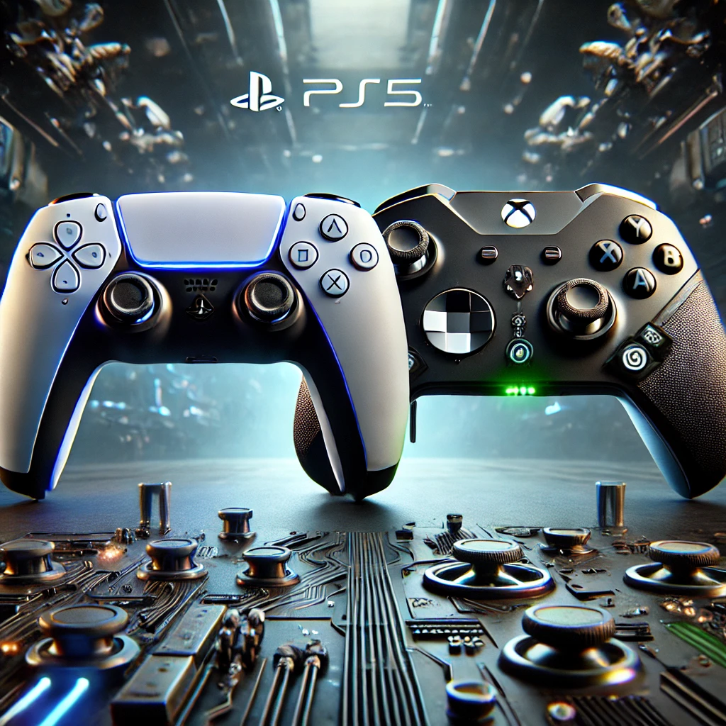 DALL·E 2025 01 30 20.49.00 A PlayStation 5 Pro and Xbox Series X2 controller comparison showing the next generation controllers with futuristic designs. The PS5 Pro DualSense 2 Yeni Nesil Oyun Konsolları 2025’te Ne Sunuyor?