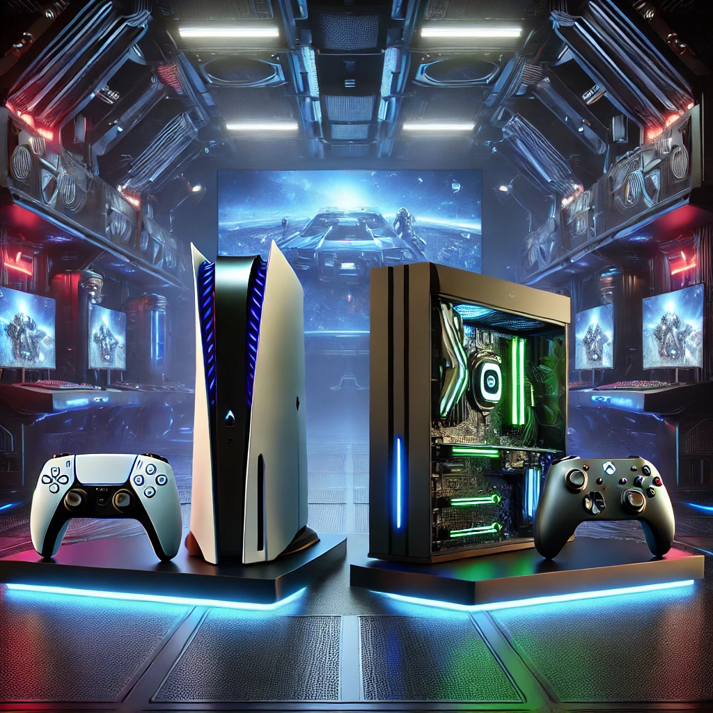 DALL·E 2025 01 30 20.49.47 A futuristic gaming setup featuring a side by side comparison of the PlayStation 5 Pro and Xbox Series X2. The scene highlights their sleek designs c 1 Yeni Nesil Oyun Konsolları 2025’te Ne Sunuyor?